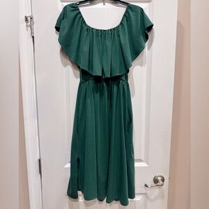 Thanth green dress pockets shoulder ruffle medium